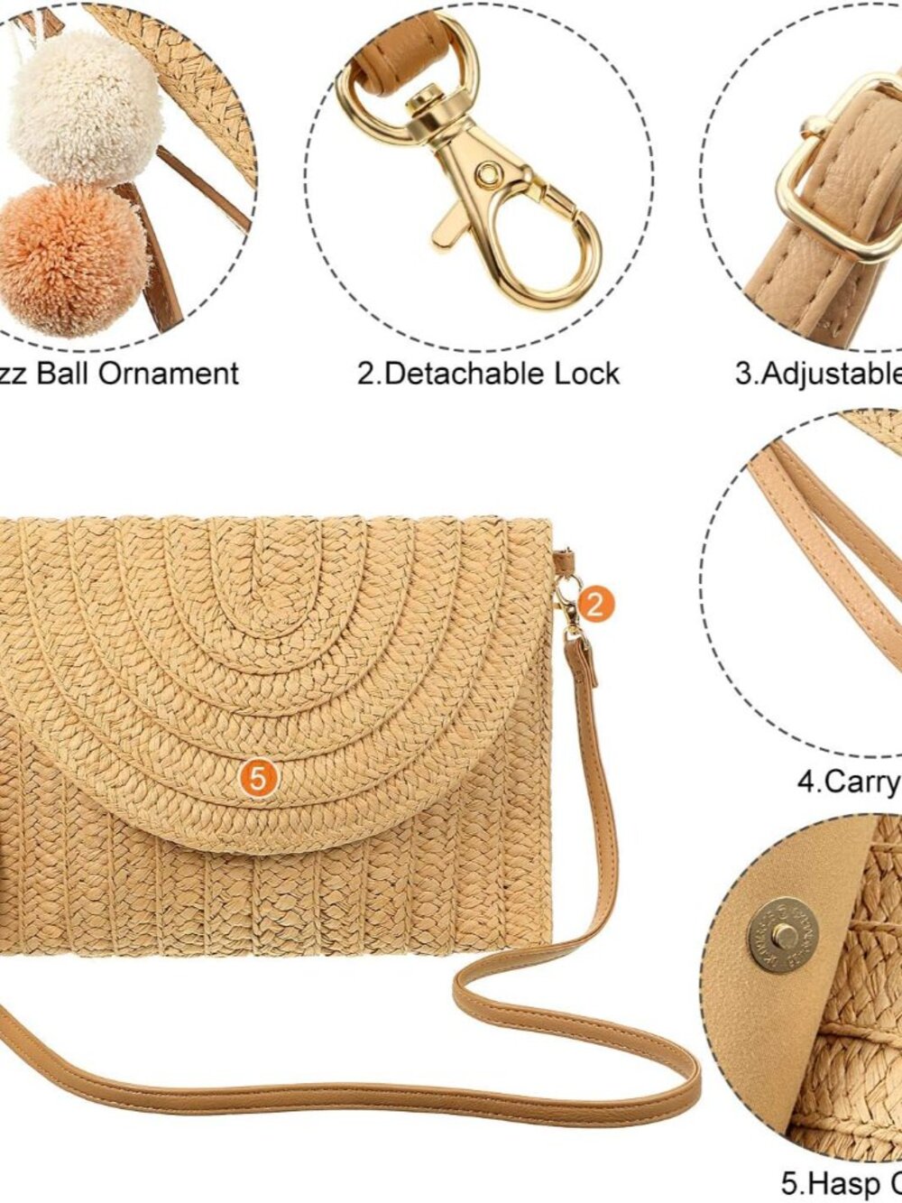 Straw Purses for Women Straw Clutch Crossbody Bag Summer Beach Shoulder Bag Wove - Picture 6 of 7
